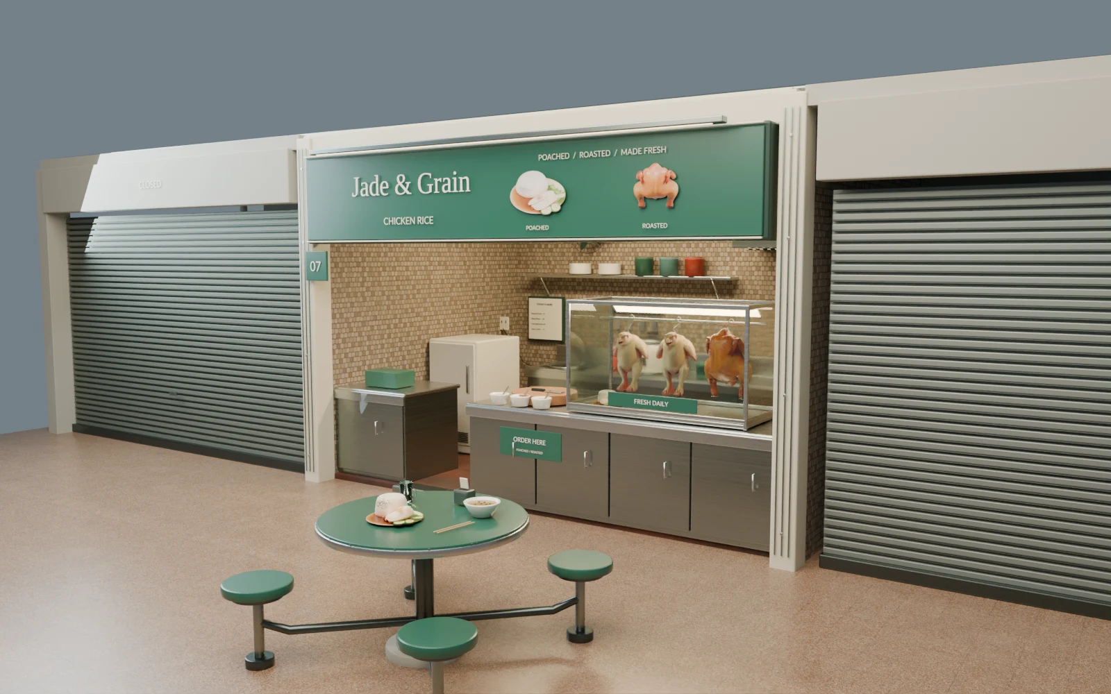 Jade & Grain chicken rice stall with a green sign, glass display and a round dining table